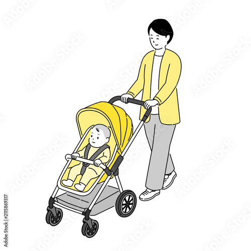 ベビーカーで赤ちゃんと散歩するママのイラスト