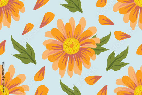 Orange floral seamless pattern with green leaves on light blue background 