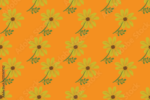 Hand Drawn yellow flower seamless pattern on orange background 
