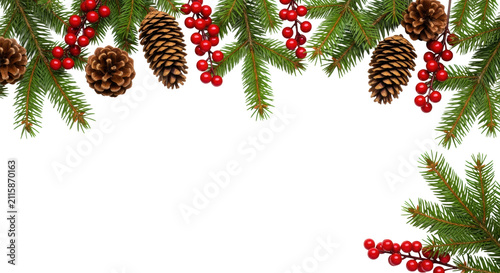 flat lay of vibrant green fir branches, natural pine cones, and red berries forming a crisp border on a transparent background with copy space. concept for elegant seasonal marketing