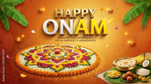 Happy onam celebration background with floral rangoli traditional food pookalam diyas and banana leaves for harvest joy.