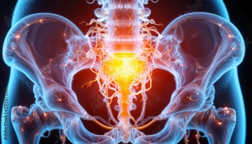 3D medical illustration of human pelvic anatomy with glowing inflammation. Digital render highlighting lower back pain and sciatic nerve issues in...