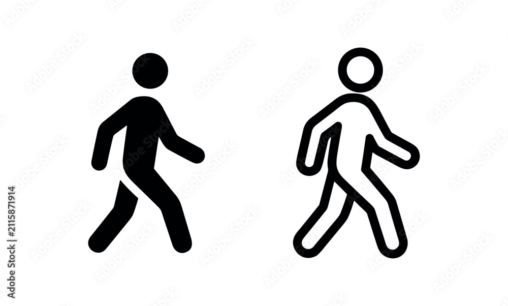 Fototapeta premium Walking person icon set in black solid and outline styles, representing a pedestrian, movement, or activity.