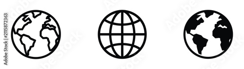 Globe icon set, web symbol, website homepage icons, internet navigation, world wide web, earth globe, browser interface, vector illustration.