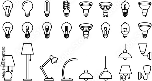 Foto Collection of outline icons featuring various light bulbs and lighting fixtures