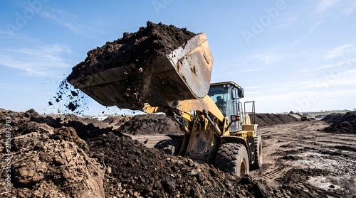 Yellow wheel loader scooping soil at an industrial site under clear blue sky heavy duty machinery industrial technology abstract concept