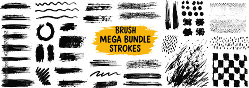 Abstract brush stroke bundle, black grunge paint textures, hand drawn artistic elements, for branding posters social media and background design