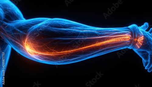 Human arm anatomy showing nerve pain. Digital medical illustration of glowing neural pathways.