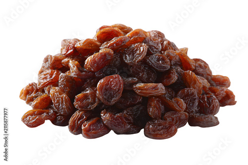 Sultana raisins pile on white background, heap of sweet dried grapes, brown organic sun-dried fruit snack for baking