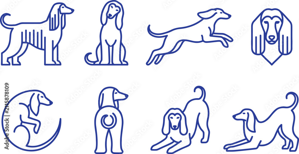 Fototapeta premium Afghan Hound Dog Minimal Line Art Vector Collection with Standing, Sitting, Running, Playing, Portrait, and Elegant Breed Outline Illustrations