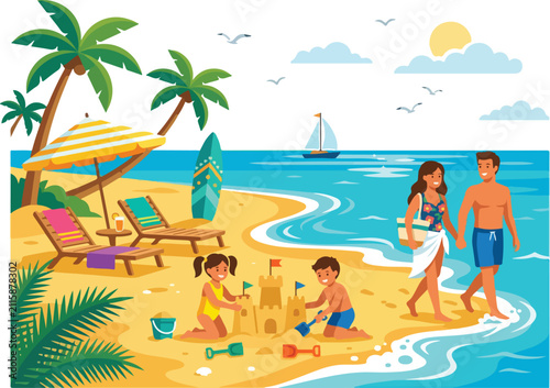 Family enjoying a sunny beach vacation building sandcastles with palm trees and ocean waves