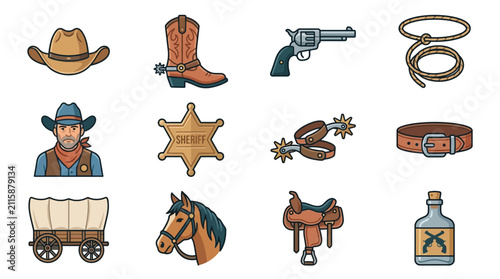 Foto Collection of hand drawn western theme icons and cowboy equipment illustrations