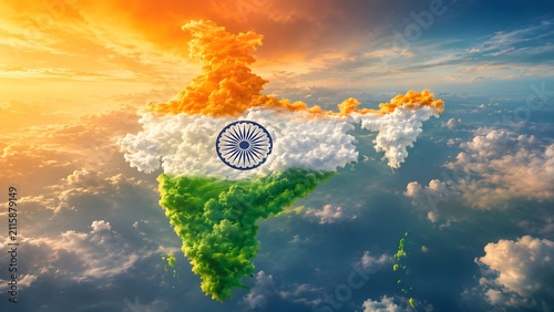 India map shaped clouds with tricolor theme for independence day celebration