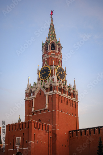 Photography Close up of Spasskaya Tower with red star and clock face at Moscow Kremlin