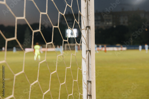 Bild auf Leinwand Football net detail close-up, soccer goal mesh on green grass field and sports c