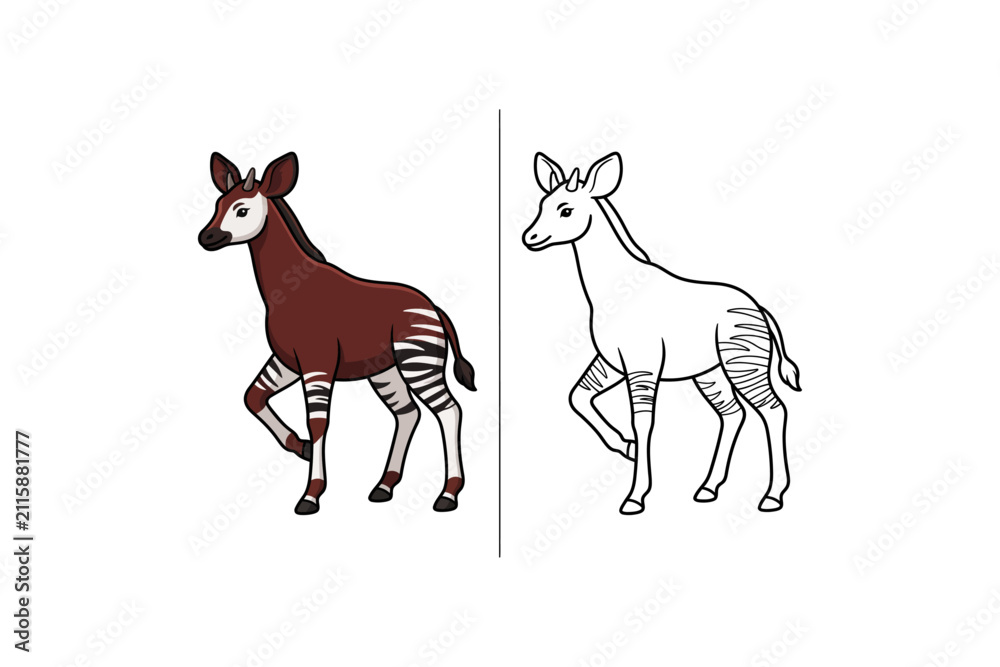 Obraz premium Cute Cartoon Okapi Character Set with Color and Outline Illustration