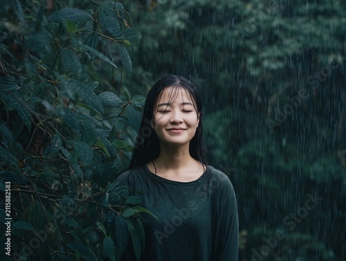 Serene woman practicing meditation in a tranquil forest during rain with her eyes shut and a soft smile on her face