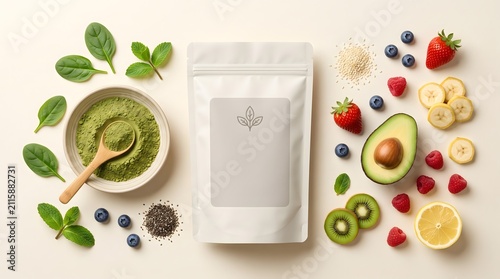 Organic dietary supplement blank white bag flat lay with fresh ingredients and matcha powder representing healthy vegan nutrition