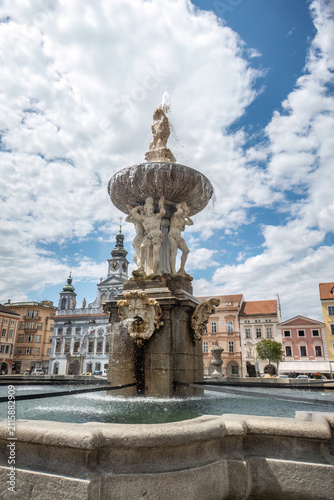 Historic Samson Fountain in front of the Town Hall on Přemysl Otakar II Square in České Budějovice, Czechia.