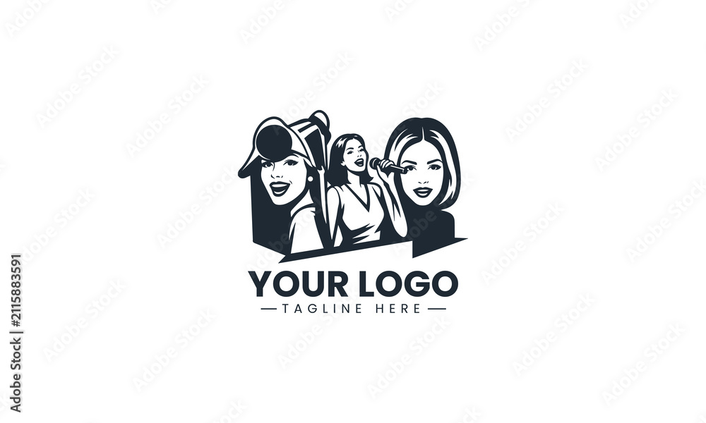 Obraz premium Black Image Vector Logo of Female Vocalist Holding Microphone, Professional Singer on Stage Art Isolated on White Background