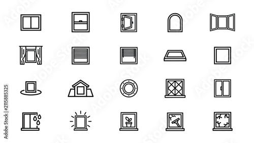 Collection of Various Window and Door Designs with Different Architectural Elements Illustrated in Line Icons