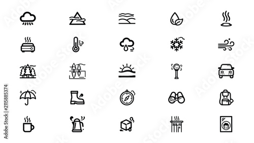 Collection of Minimalist Weather and Travel Activity Icons with Transparent Backgrounds for Various Uses