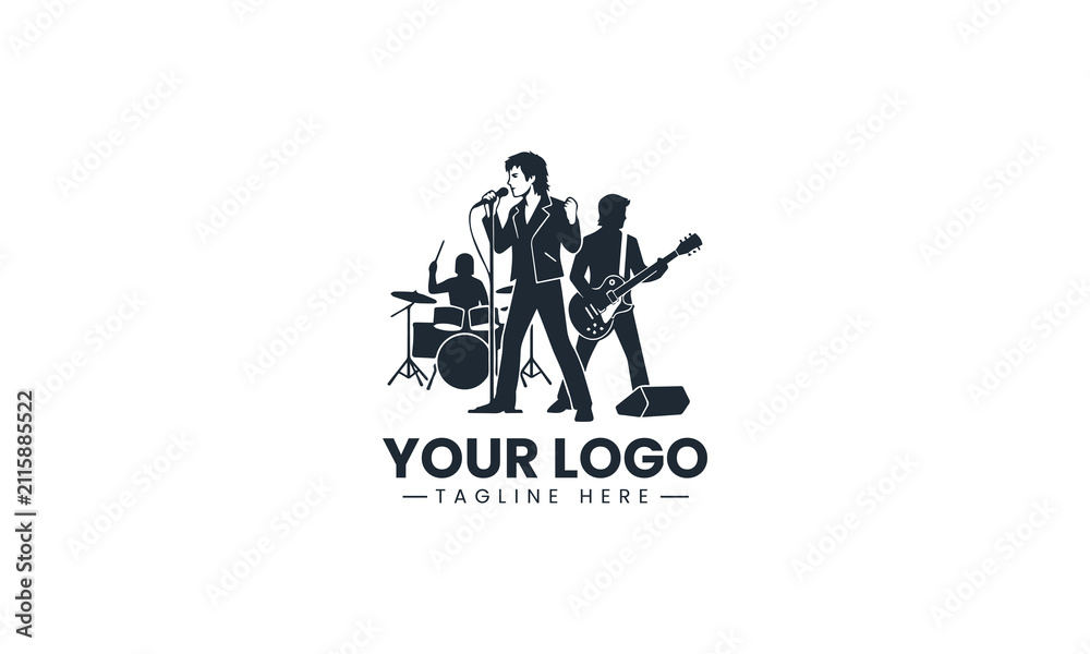 Obraz premium Black Image Vector Logo of Rock Band Concert Performance, Singer Guitarist and Drummer Show Isolated on White Background