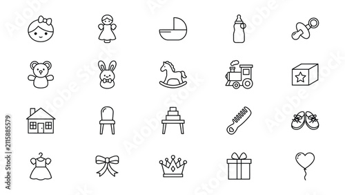 Collection of cute minimal line icons representing baby and children related items with transparent backgrounds