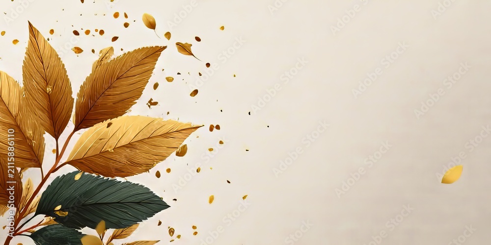 Fototapeta premium Elegant Autumn Background Featuring Decorative Golden Leaves On A Textured Cream Paper Surface