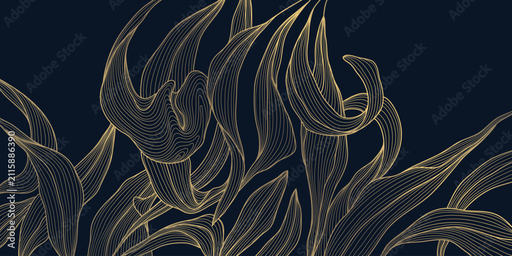 Fototapeta premium Luxury art deco floral pattern with elegant golden line flowers, leaves, botanical elements, Japanese design. Wave wallpaper, tea and spa branding, packaging, textile