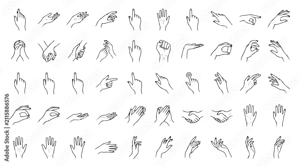 Fototapeta premium Minimalist hand gestures line art collection, 50 hand icons set in thin black outline, elegant human hand poses for UI design and branding