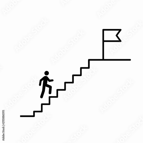 Business Success Concept Icon Showing Stick Figure Climbing Stairs Toward a Flag Goal.