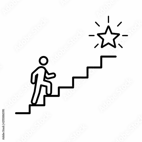 Business success concept icon showing person climbing stairs toward a shining star goal.