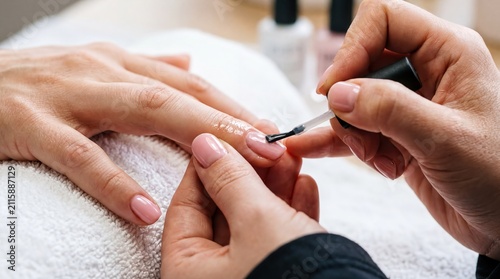 Nail art technique, a close-up showcases a manicurist applying a glossy top coat to pink nails