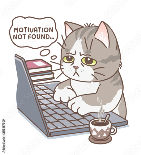 Tired cat working on laptop. Motivation not found. Vector illustration. Cute cats series. 