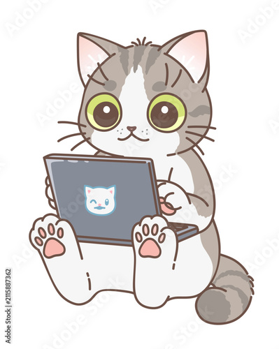 Cute cat working on laptop. Vector illustration. Cute cats series. 