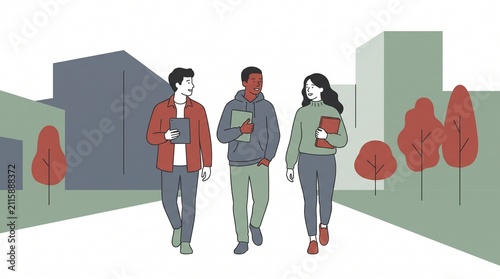 Diverse group of young students walking together, a modern flat vector illustration depicting urban education and campus life, ideal for university and college themes.