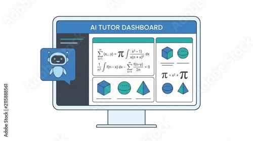 AI Tutor Dashboard illustration, artificial intelligence education platform, online learning interface with mathematical formulas and 3D geometric shapes, modern e-learning technology.