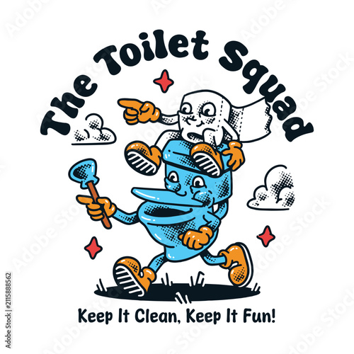 Retro vintage mascot illustration of a toilet character and toilet paper roll squad