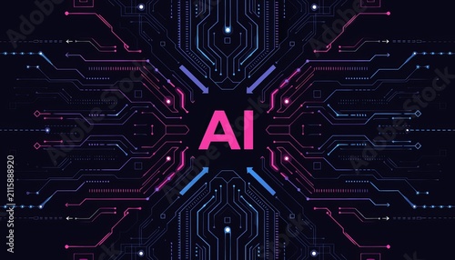 Futuristic AI Technology Banner with Neon Circuit Lines and Cyberpunk Digital Interface
