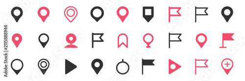 Location mark icon set, modern map markers, destination pointers, GPS navigation symbols, map pin signs, app interface, vector illustration.
