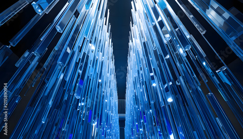 Abstract Blue Glass Installation: An abstract art installation features numerous blue glass elements suspended, creating a captivating visual effect of depth and light.