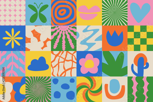Принти на полотні Groovy 70s retro abstract geometric pattern with naive hand drawn figure, form, shapes in Bauhaus style