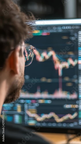 Close up of a person analyzing financial charts on a computer screen. The image captures the focus on stock market trends and data visualization in a modern trading environment