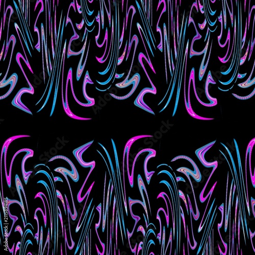 Abstract Seamless Pattern Grid with Neon Blue and Magenta Fluid Twister Motif and Creative Distortion on Black Background