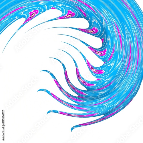 Abstract Digital Swirl Wave Pattern with Neon Pink and Blue Fabric Motif Distorted into Claw Shapes on White Background