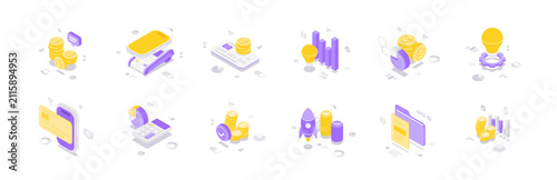 Business startup and financial technology isometric vector illustration icon set. For mobile banking, investment, data analysis, and online payment concepts. For web and mobile app design