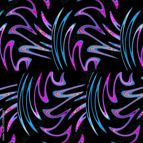 ​Abstract Seamless Pattern Grid with Neon Blue and Magenta Fluid Twister Motif and Creative Distortion on Black Background