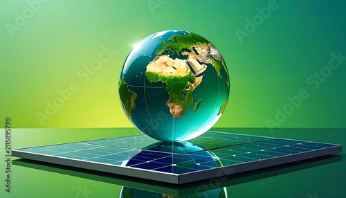 A globe reflecting the continents onto a solar panel, set against a vibrant green gradient background, symbolizing clean energy and global sustainability.
