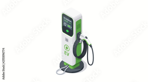 Isometric illustration of an electric vehicle charging station with green energy branding.